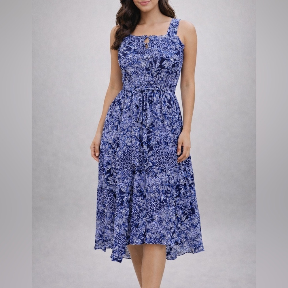 #0007 Adrienne Vittadini Navy Floral Midi Dress